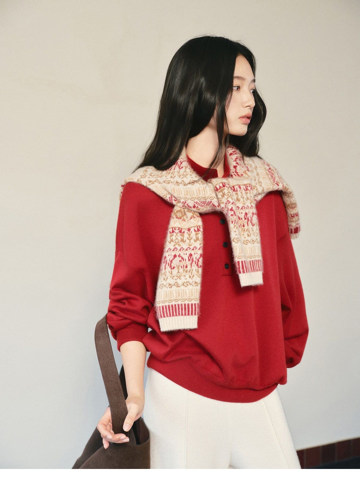 TEASEL Worsted Wool Henley Sweatshirt in Red - On Female Model