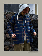 USAGE Detachable Hood Cotton Plaid Shirt in Navy Blue - On Male Model