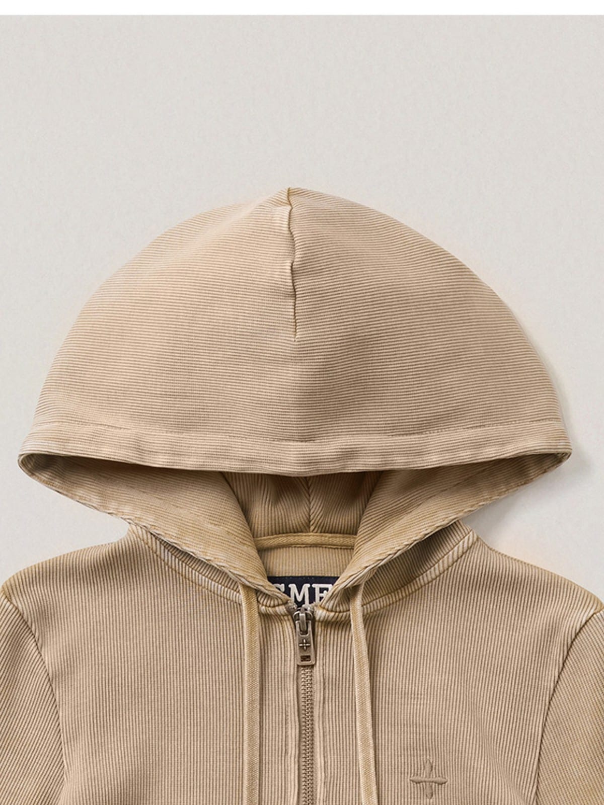 SMFK Vintage Wash Zip Up Cotton Hoodie in Beige - Detail