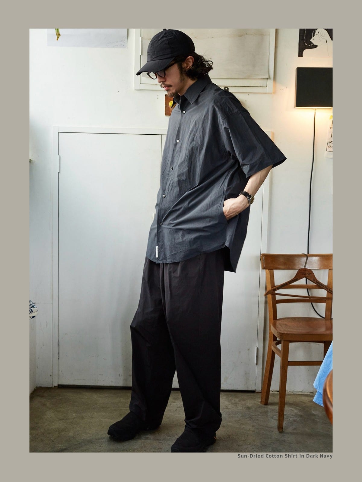 USAGE Cotton Crinkle Short Sleeve Shirt in Navy Blue - On Male Model