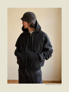 USAGE Vintage Washed Double Layer Zip Hoodie in Black - On Male Model