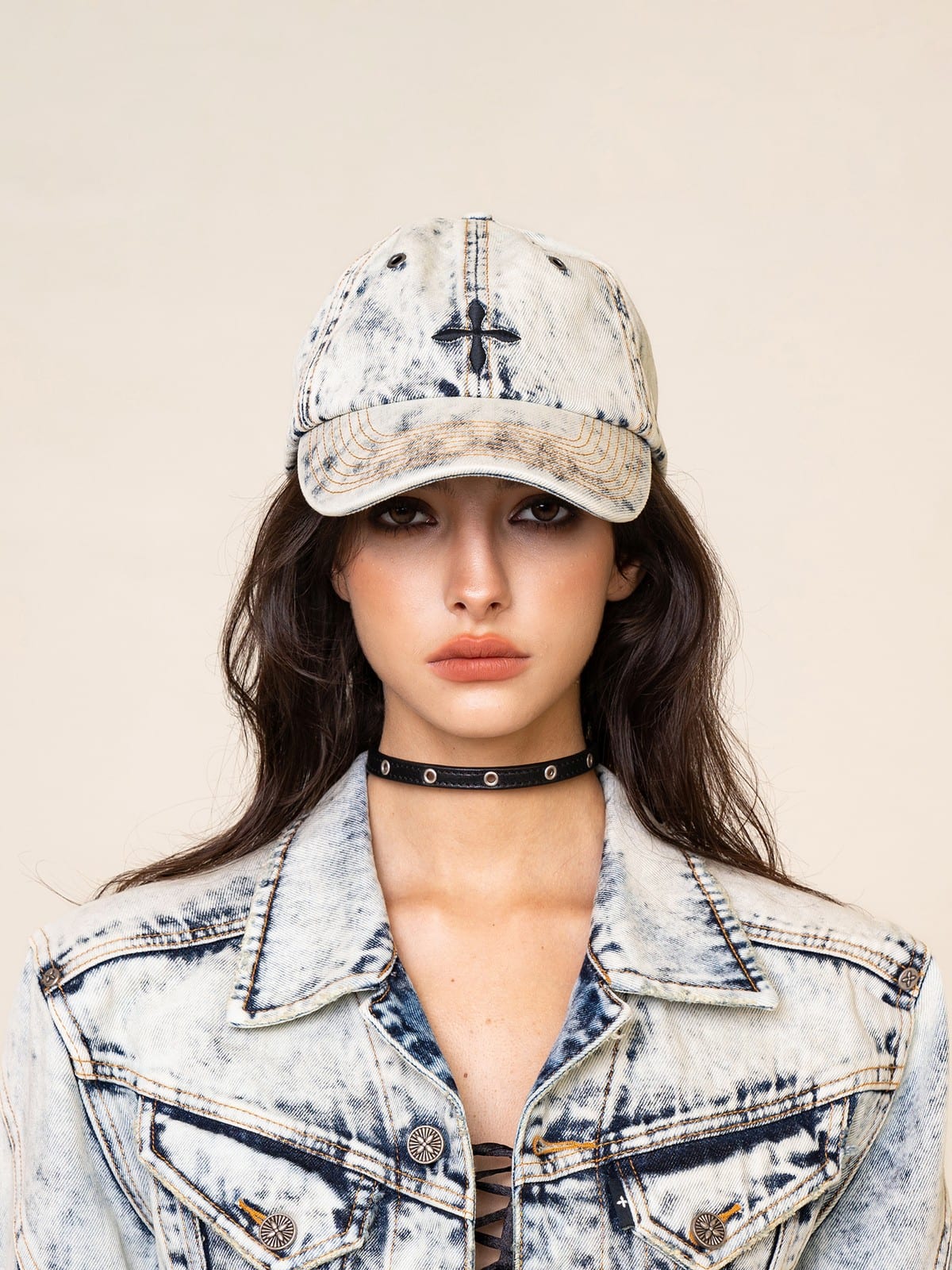 SMFK Distressed Cross Embroidered Baseball Cap in Sky Blue - On Female Model