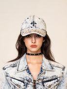 SMFK Distressed Cross Embroidered Baseball Cap in Sky Blue - On Female Model