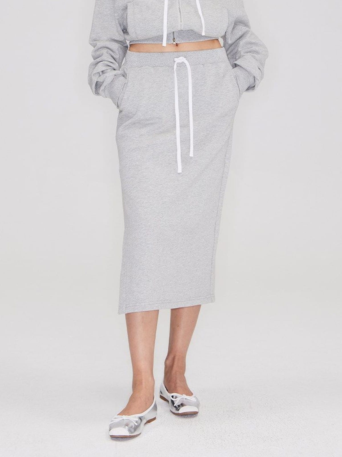 RARELY ALIKE Cotton Side Slit Midi Skirt in Gray - On Female Model