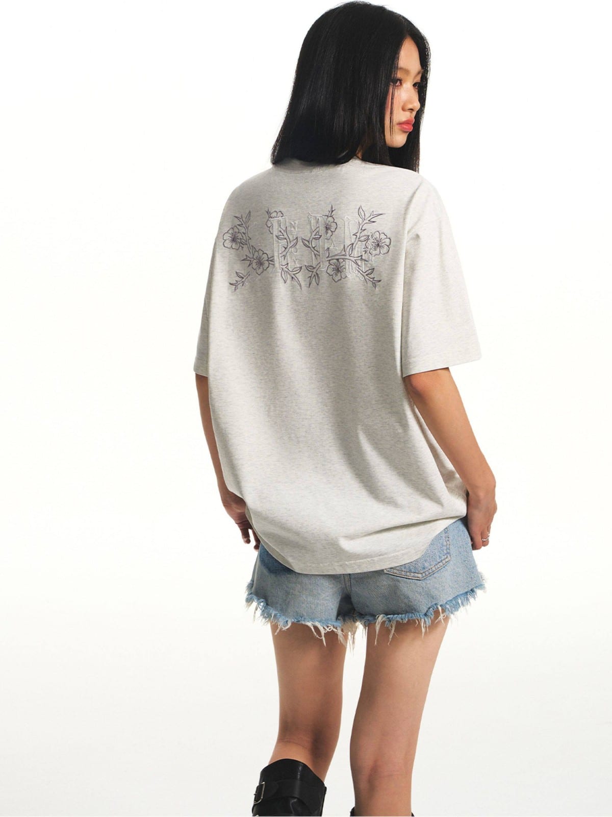 MEDM Floral Graphic Cotton Sorona T Shirt in Gray - On Female Model
