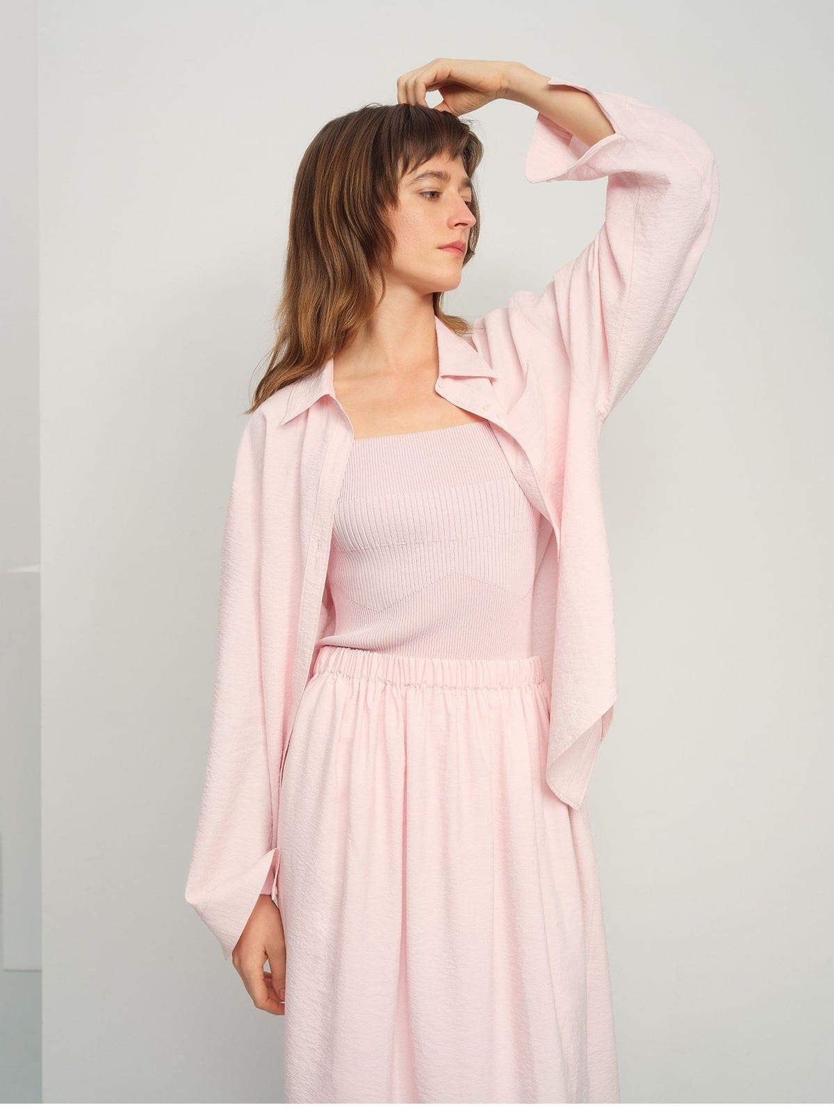 TEASEL Crinkled Silk Blend Short Sleeve Top in Pink - On Female Model