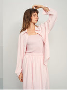 TEASEL Crinkled Silk Blend Short Sleeve Top in Pink - On Female Model