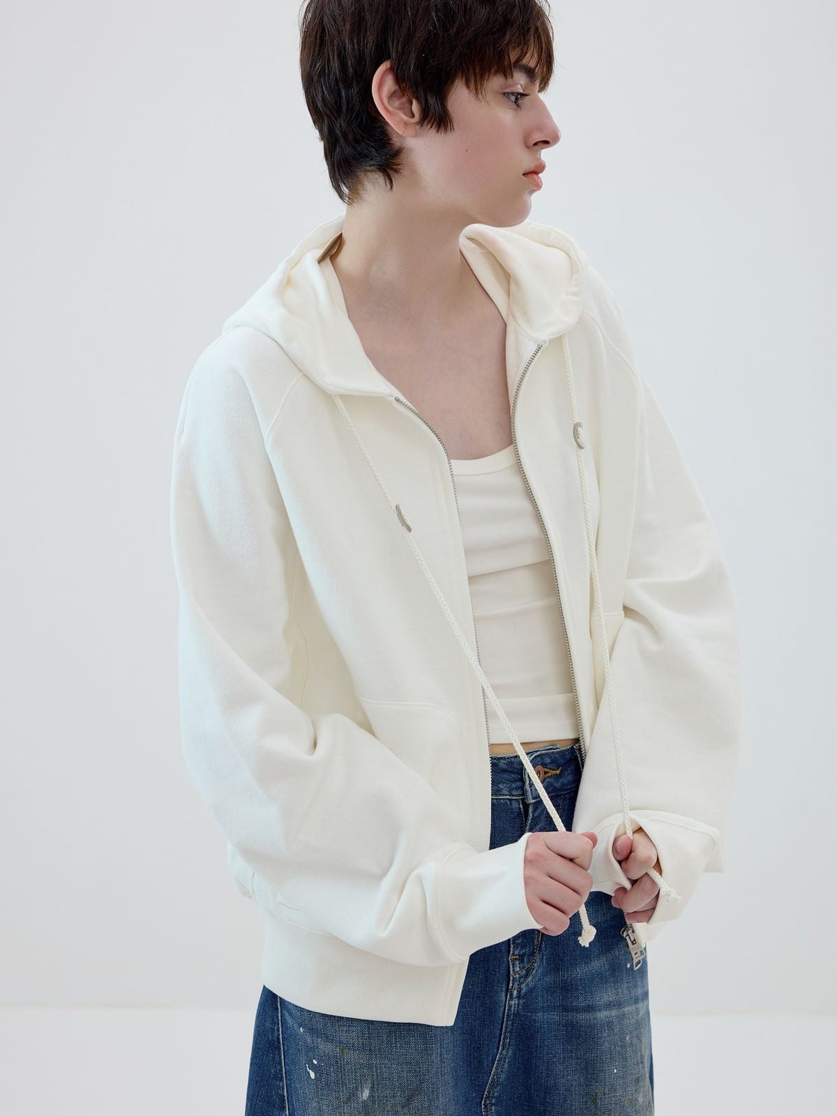 SIMPLE PROJECT Cotton Blend Zip Up Hoodie in White - On Female Model