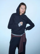 Random Piece Cotton Lyocell Cropped Hoodie in Navy Blue - On Female Model