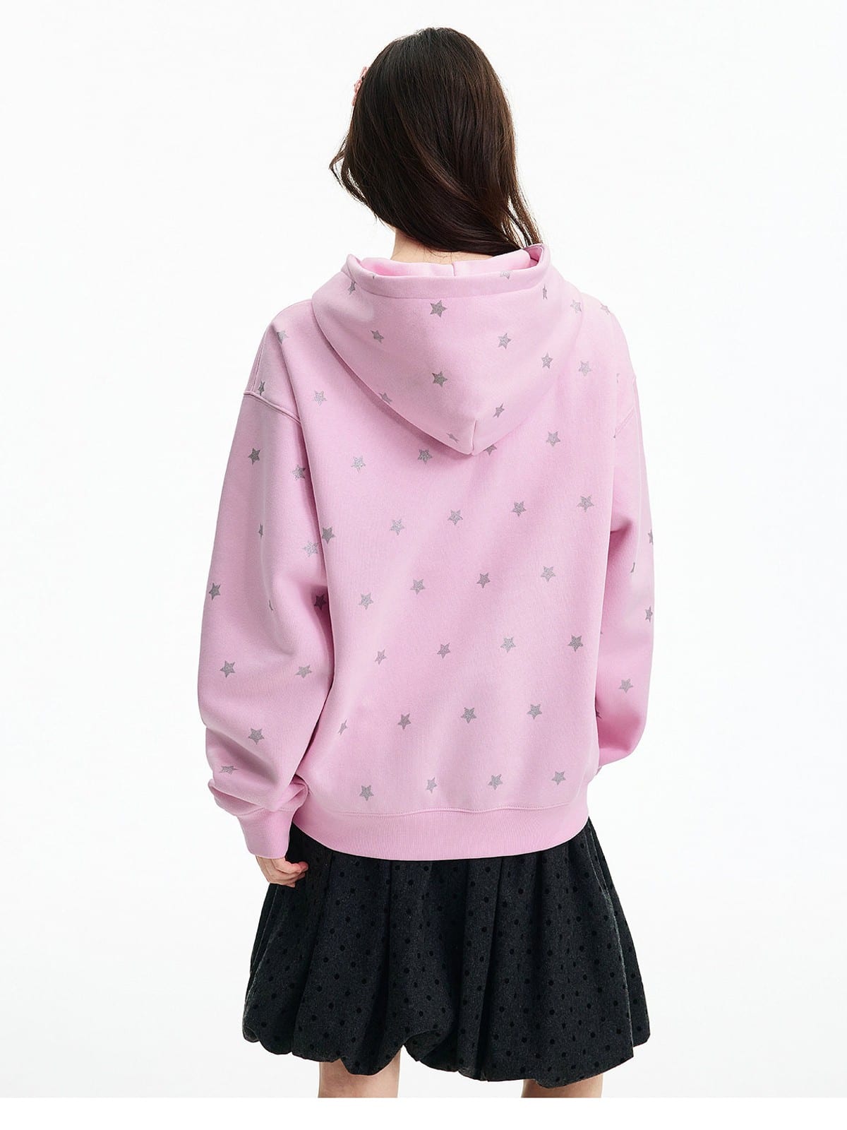 MEDM Fleece Lined Star Print Zip Hoodie in Pink - On Female Model