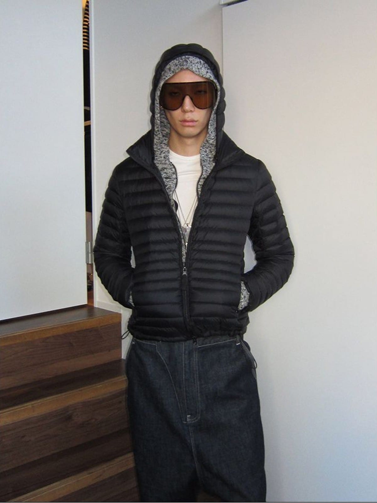 RARELY ALIKE Detachable Hood Duck Down Puffer in Black - On Male Model