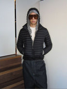RARELY ALIKE Detachable Hood Duck Down Puffer in Black - On Male Model