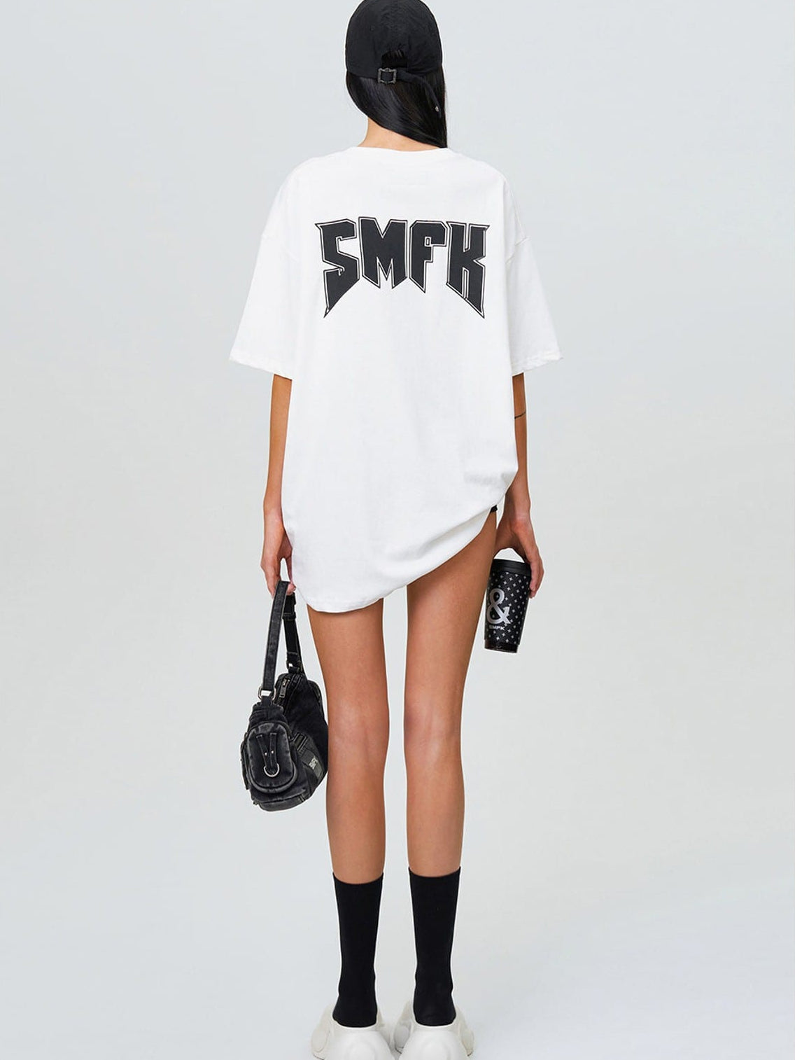 SMFK Metallic Logo Cotton T Shirt in White - On Female Model