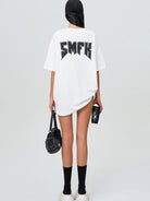 SMFK Metallic Logo Cotton T Shirt in White - On Female Model
