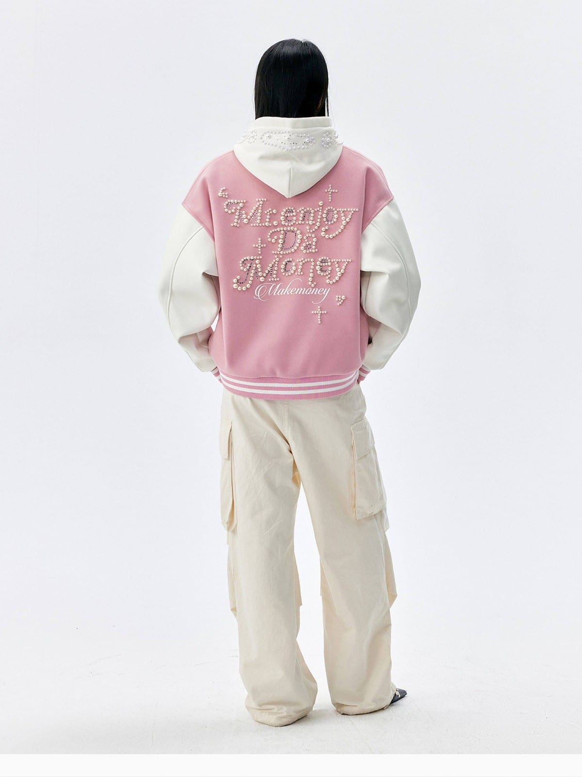 MEDM Pearl Embellished Varsity Jacket in Pink - On Model