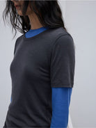 Random Piece Merino Wool U Neck Short Sleeve T Shirt in Gray - On Female Model