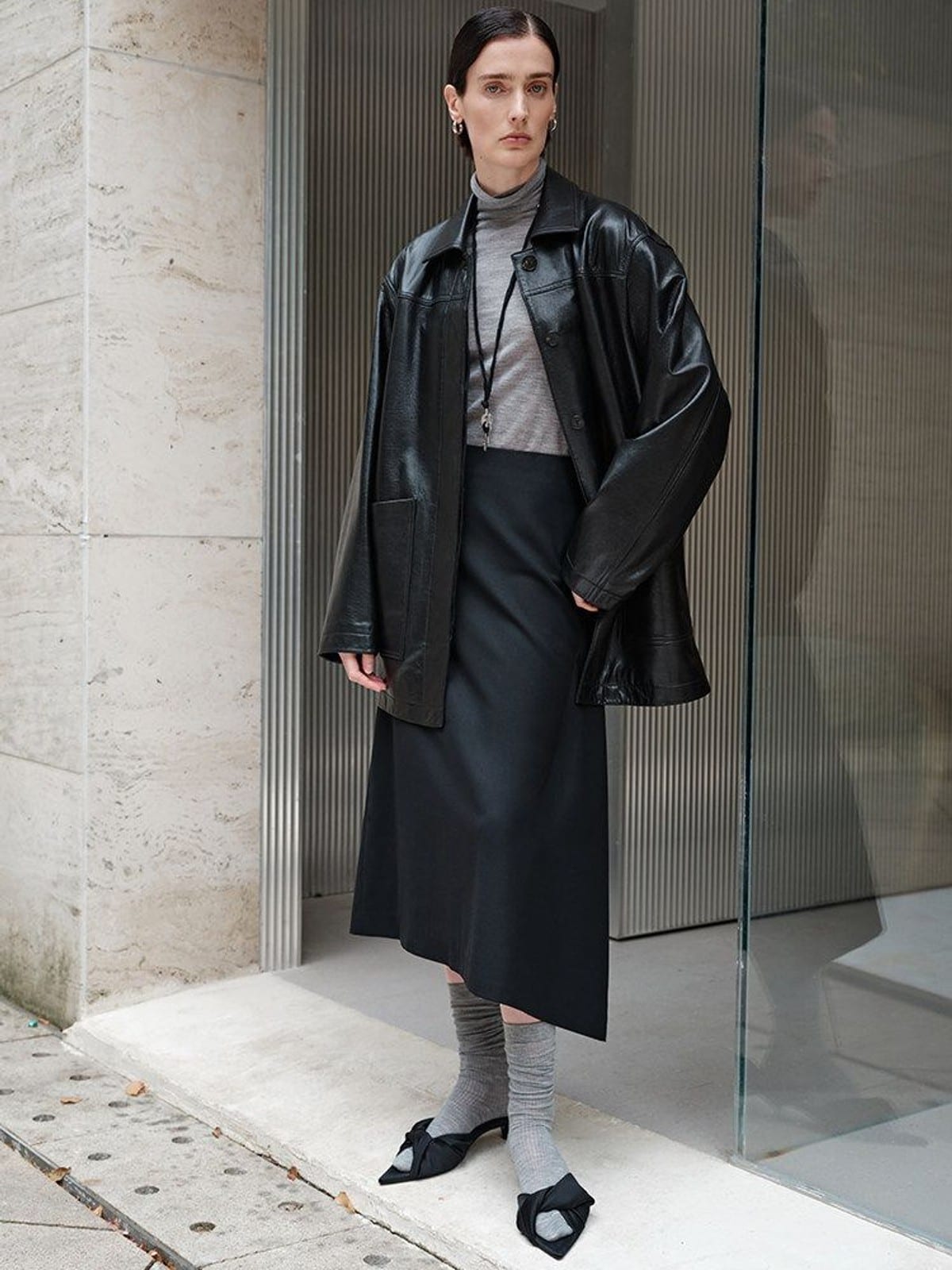 MSBEAST Mid Length Sheepskin Leather Jacket in Black - On Female Model