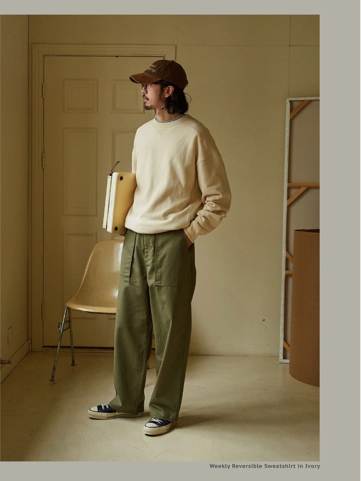 USAGE Reversible Cotton Crewneck Sweatshirt in Cream - On Male Model