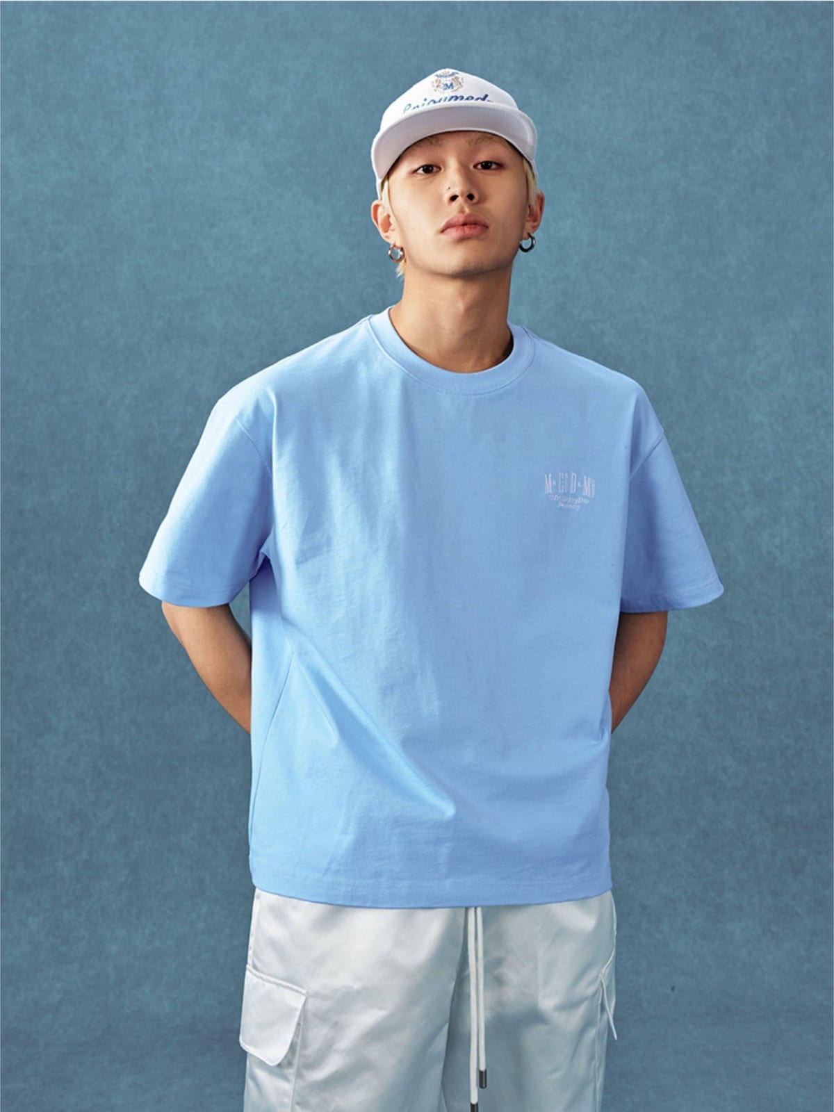 MEDM Letter Embroidery Cotton T Shirt in Sky Blue - On Male Model