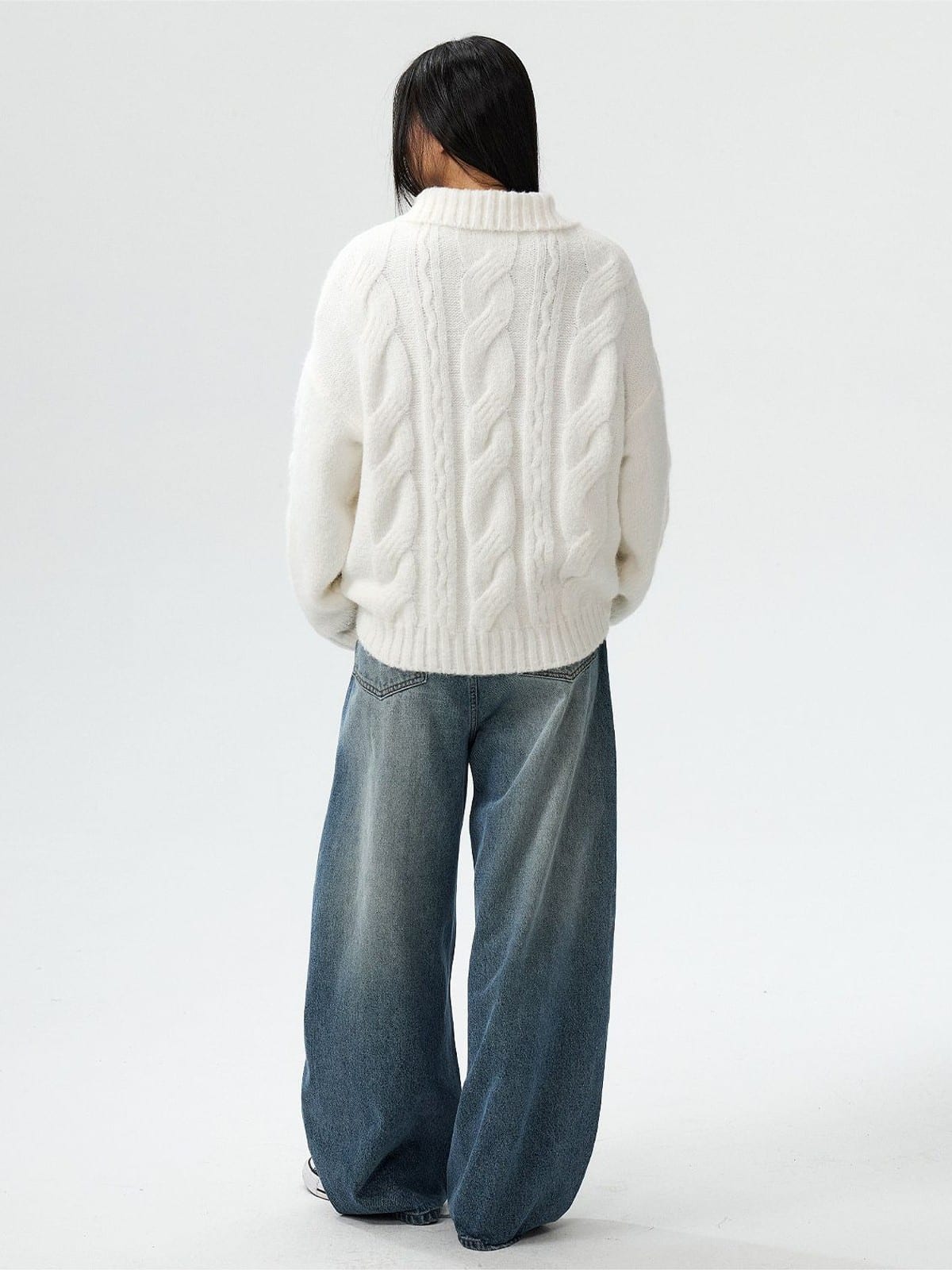 MEDM Cable Knit Quarter Zip Sweater in White - On Model