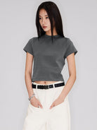 RARELY ALIKE Cropped Cotton Crew Neck T Shirt in Gray - On Female Model