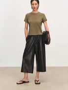 MSBEAST Cotton Blend Tapered Waist T Shirt in Olive - On Female Model