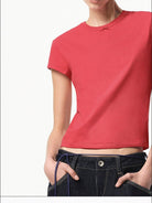 RARELY ALIKE Cotton Bowknot Crewneck T Shirt in Red - On Female Model