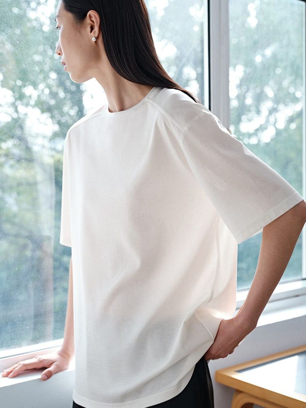 MSBEAST Oversized Lyocell Wool Blend T Shirt in White - On Female Model