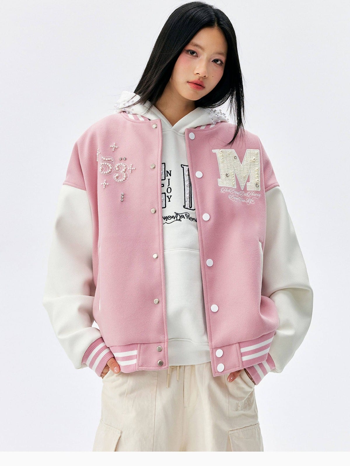 MEDM Pearl Embellished Varsity Jacket in Pink - On Female Model