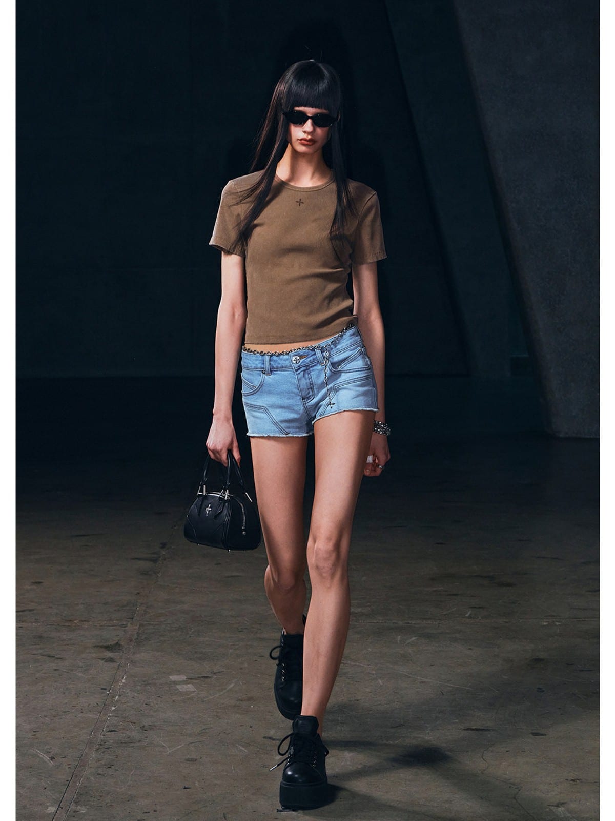 SMFK Silk Blend Short Sleeve Crop Top in Brown - On Female Model