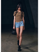 SMFK Silk Blend Short Sleeve Crop Top in Brown - On Female Model