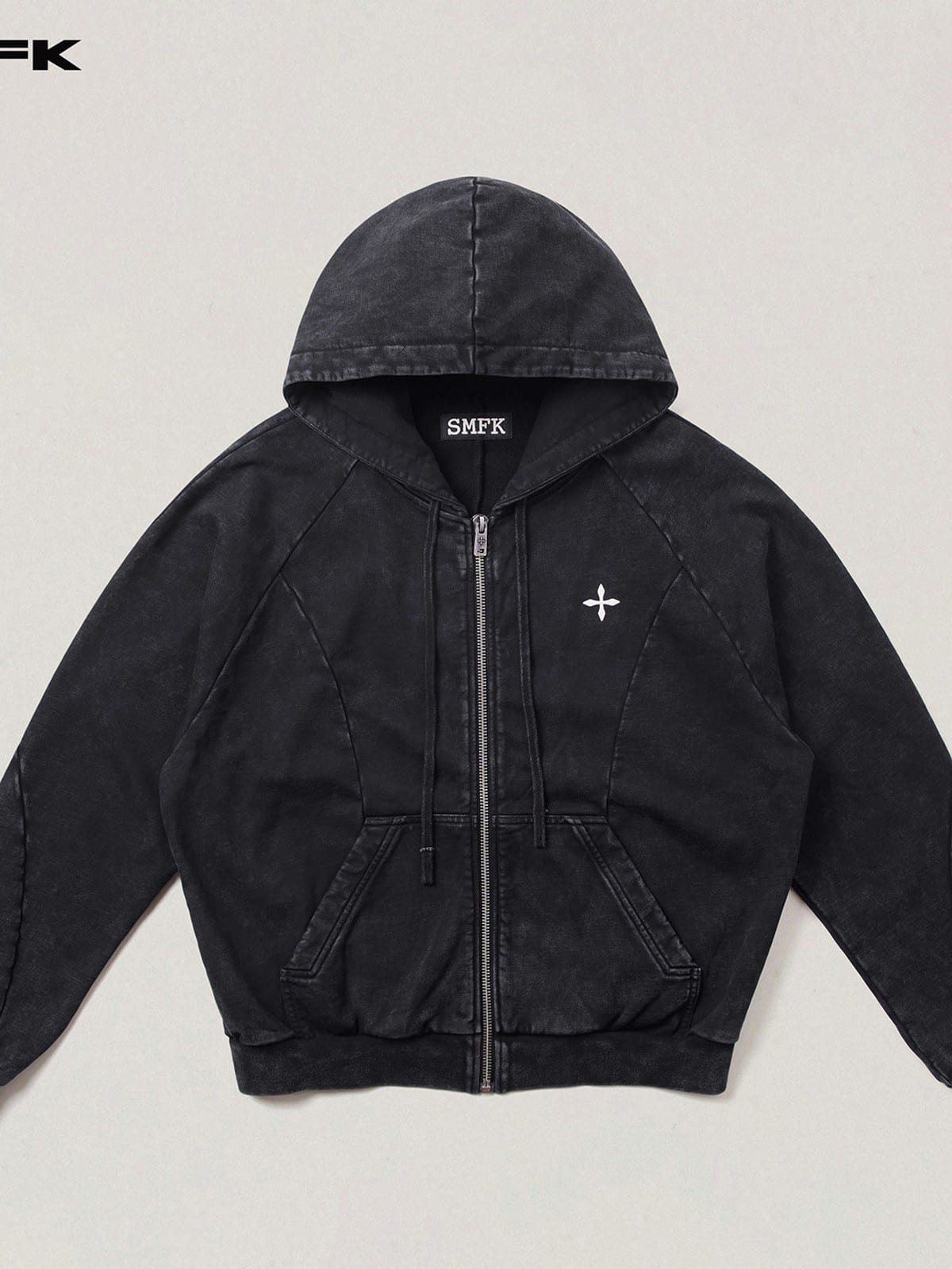 SMFK Distressed Washed Cotton Zip Up Hoodie in Gray