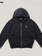 SMFK Distressed Washed Cotton Zip Up Hoodie in Gray