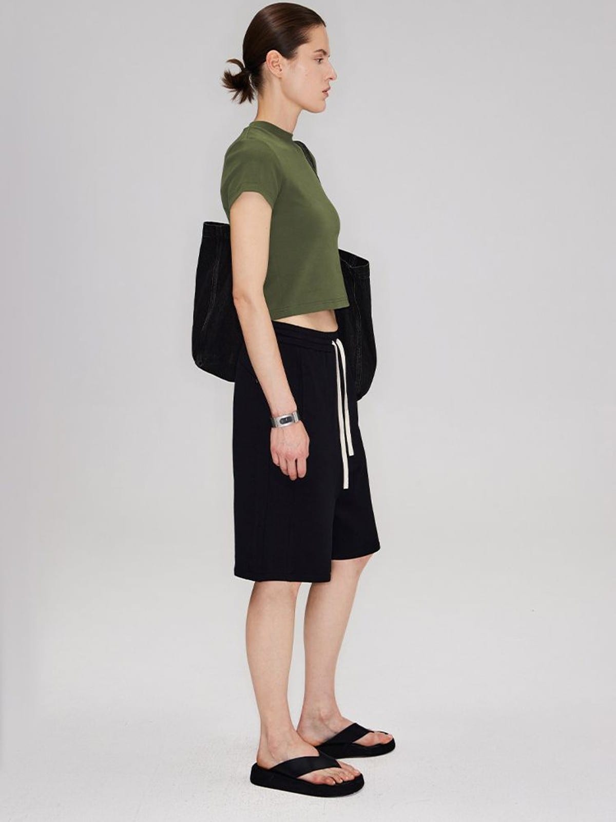 RARELY ALIKE Cotton Drawstring Sweat Shorts in Black - On Female Model