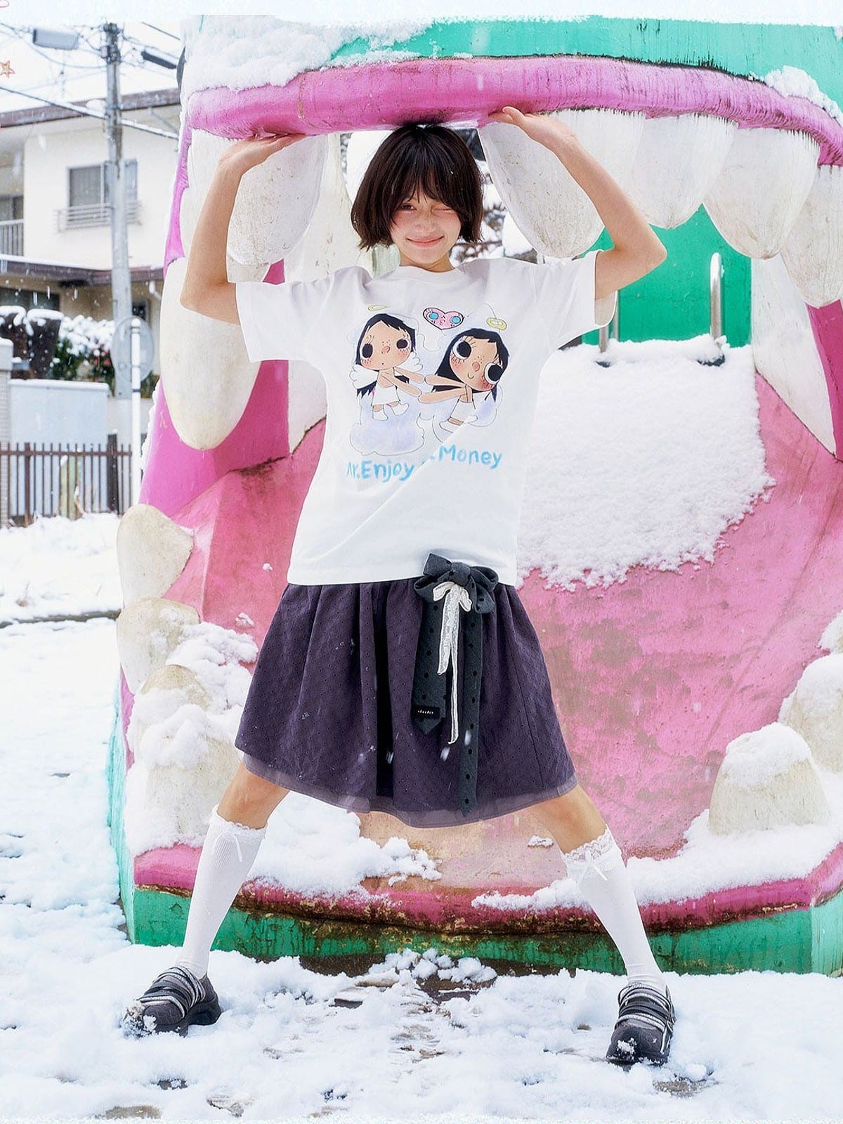 MEDM Embroidered Heart Cotton T Shirt in White - On Female Model