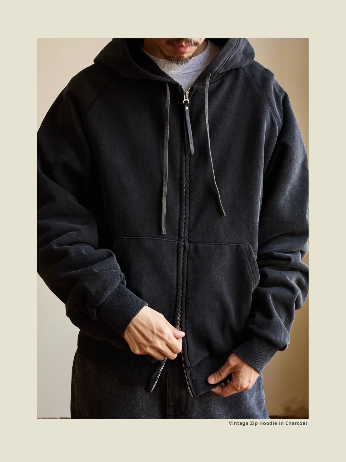 USAGE Vintage Washed Double Layer Zip Hoodie in Black - On Male Model