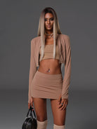 SMFK Cropped Zip Up Activewear Jacket in Brown - On Female Model