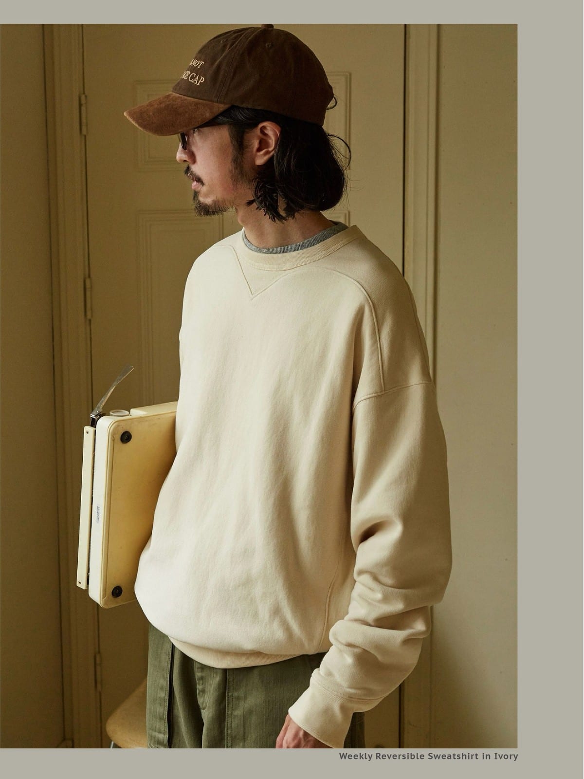 USAGE Reversible Cotton Crewneck Sweatshirt in Cream - On Male Model