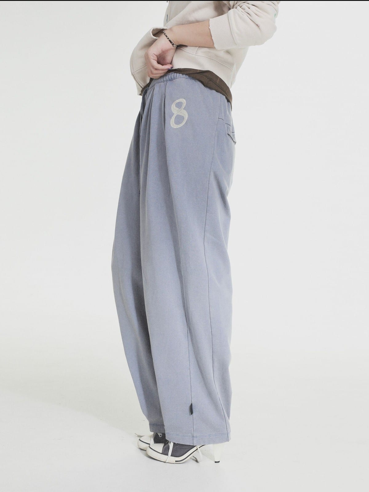 MASONPRINCE Wide Leg Inverted Pleat Sweatpants in Purple - On Model