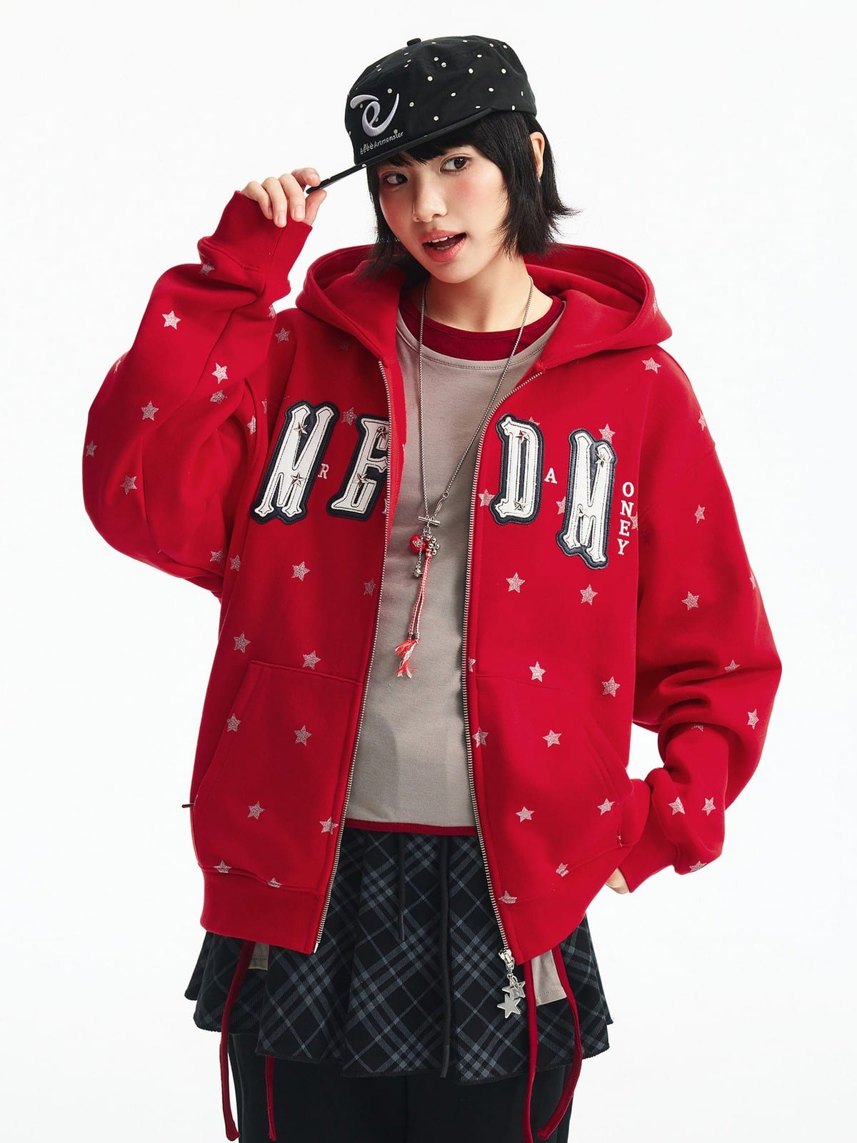 MEDM Fleece Lined Star Print Zip Hoodie in Red - On Female Model