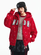 MEDM Fleece Lined Star Print Zip Hoodie in Red - On Female Model