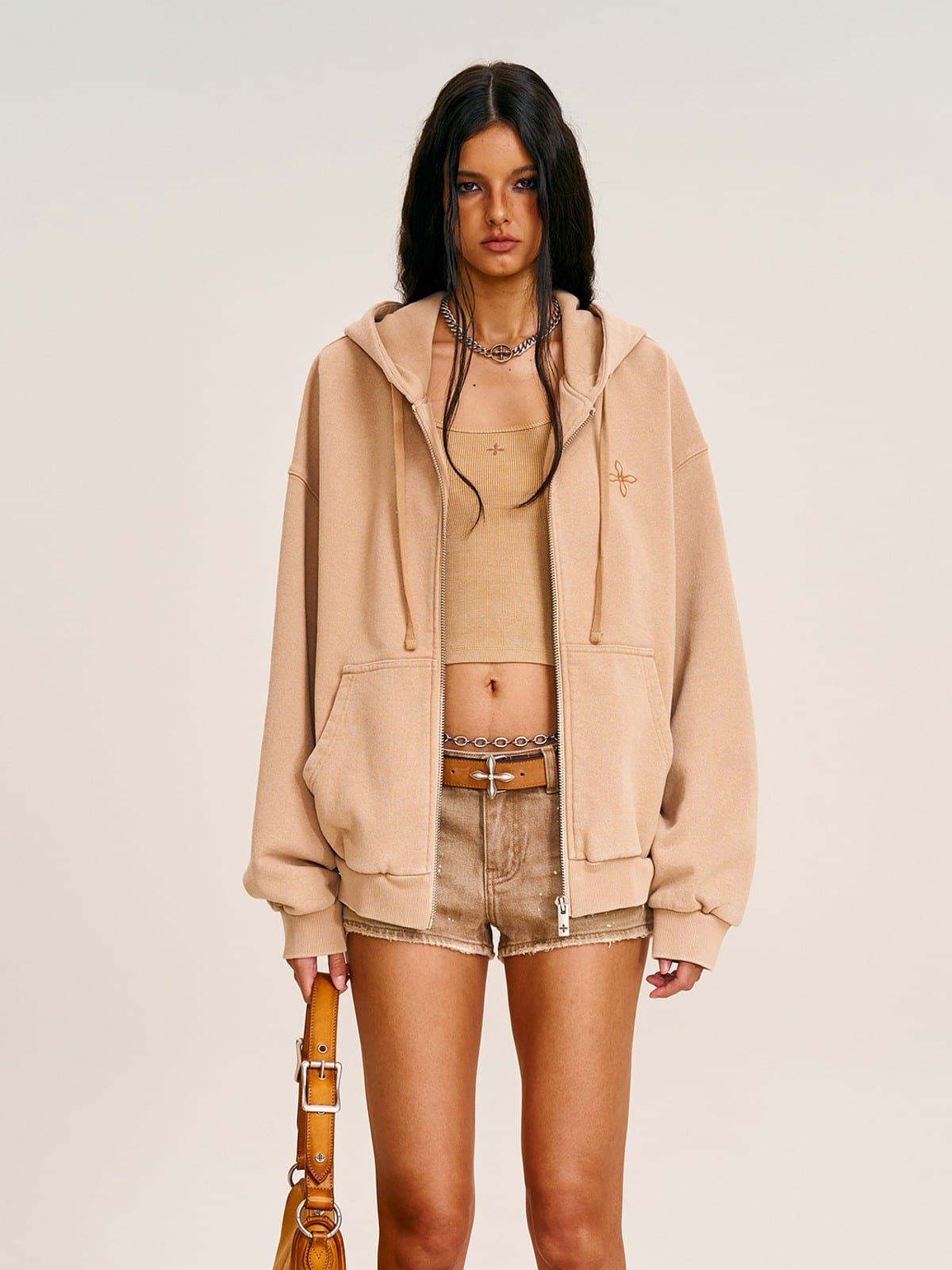 SMFK Cross Embroidered Zip Up Hoodie in Beige - On Female Model