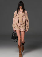 SMFK Camouflage Zip Up Cropped Jacket in Pink - On Female Model