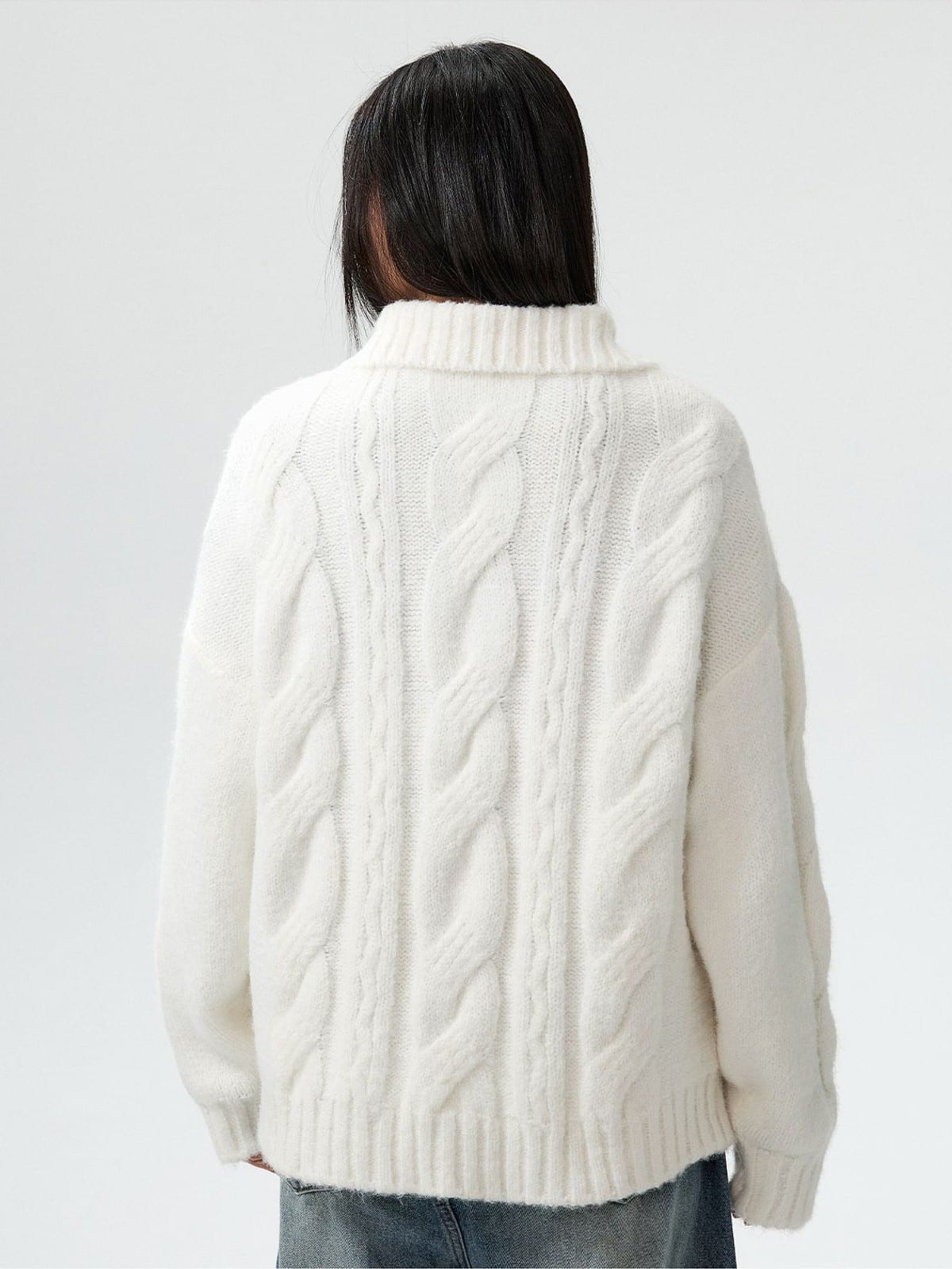 MEDM Cable Knit Quarter Zip Sweater in White - On Model