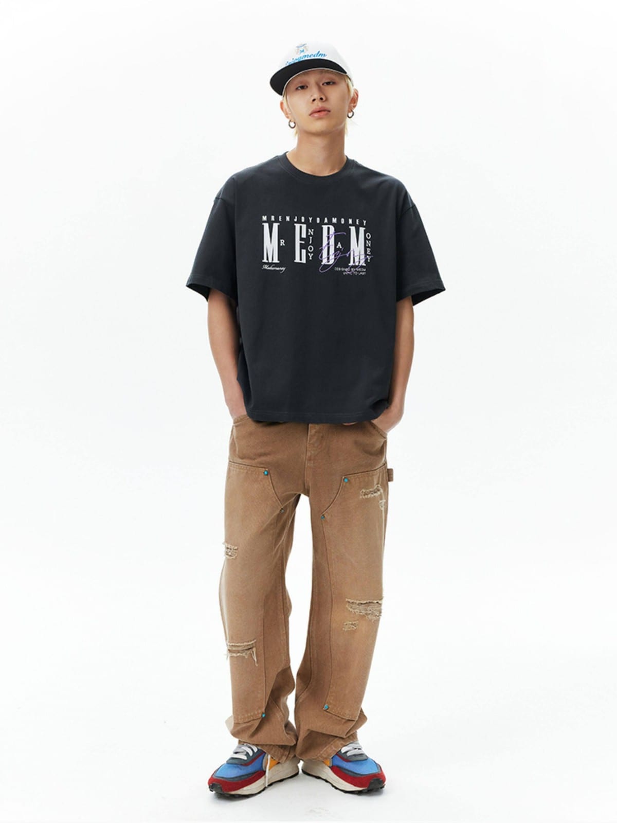 MEDM Vintage Logo Typography Cotton T Shirt in Gray - On Male Model