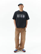 MEDM Vintage Logo Typography Cotton T Shirt in Gray - On Male Model