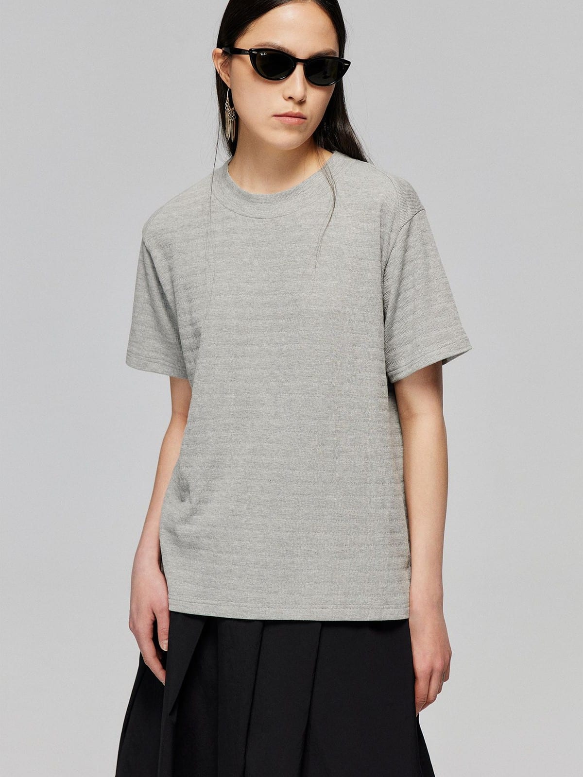 SIMPLE PROJECT Textured Diagonal Paneled T Shirt in Heather Gray - On Female Model
