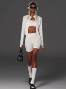 SMFK Cropped Stretch Nylon Track Jacket in White - On Female Model