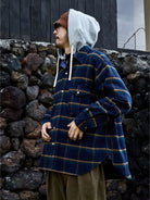 USAGE Detachable Hood Cotton Plaid Shirt in Navy Blue - On Male Model