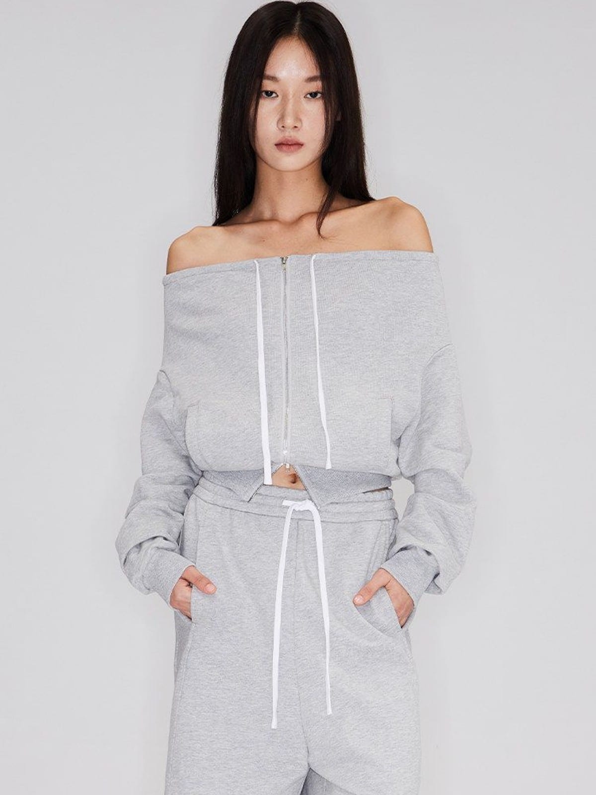 RARELY ALIKE Off Shoulder Zip Up Sweatshirt in Gray - On Female Model